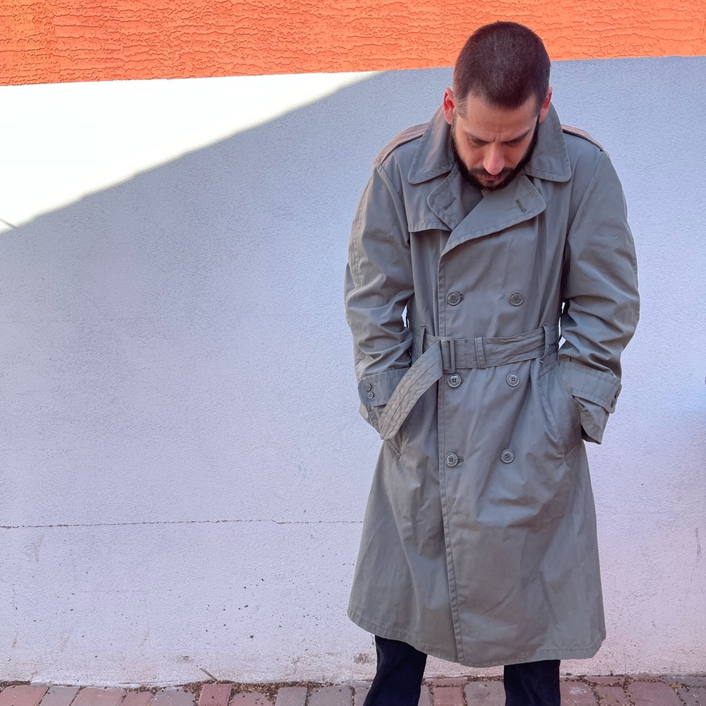 Green Gray Military Field Coat with Double-Breasted Design